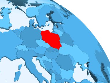 Polonya şeffaf okyanuslar ile siyasi küre mavi 3 boyutlu model üzerinde vurgulanır. 3D çizim.