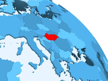 Macaristan şeffaf okyanuslar ile siyasi küre mavi 3 boyutlu model üzerinde vurgulanır. 3D çizim.