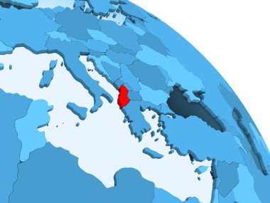 Arnavutluk şeffaf okyanuslar ile siyasi küre mavi 3 boyutlu model üzerinde vurgulanır. 3D çizim.