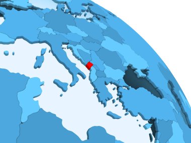 Karadağ şeffaf okyanuslar ile siyasi küre mavi 3 boyutlu model üzerinde vurgulanır. 3D çizim.