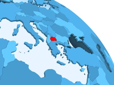 Makedonya şeffaf okyanuslar ile siyasi küre mavi 3 boyutlu model üzerinde vurgulanır. 3D çizim.