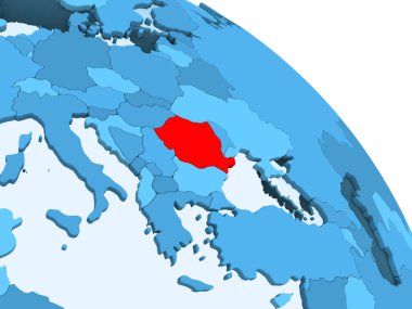 Romanya şeffaf okyanuslar ile siyasi küre mavi 3 boyutlu model üzerinde vurgulanır. 3D çizim.