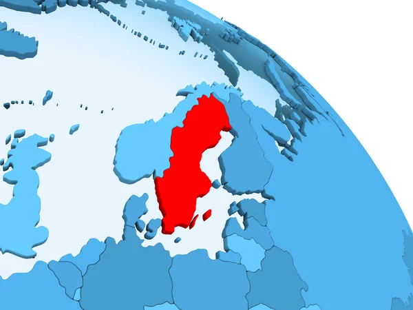 Swedia Menyoroti Model Dunia Politik Berwarna Biru Dengan Lautan Transparan — Stok Foto