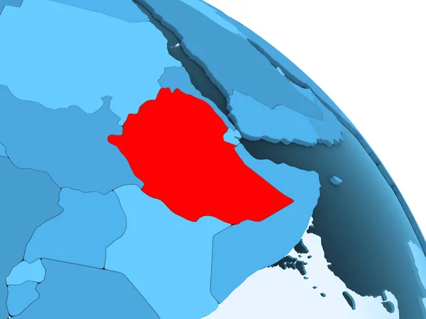 Ethiopië Gemarkeerd Blauwe Model Van Politieke Wereldbol Met Transparante Oceanen — Stockfoto