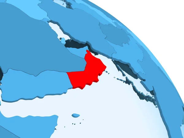 Oman Gemarkeerd Blauwe Model Van Politieke Wereldbol Met Transparante Oceanen — Stockfoto