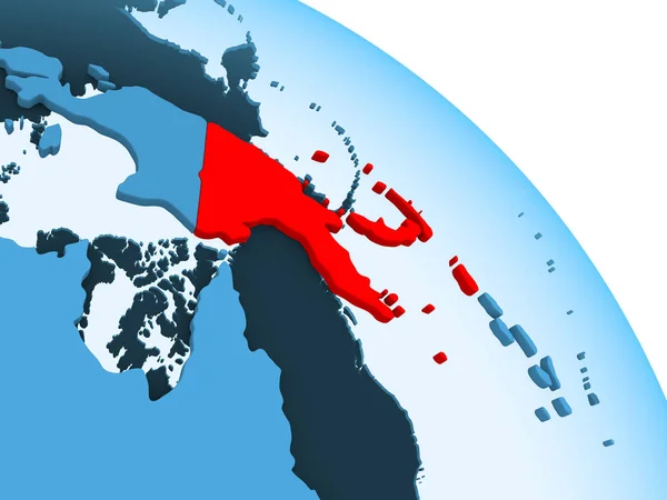 巴布亚新几内亚在具有透明海洋的政治世界的蓝色3D 模式上强调了这一点 — 图库照片