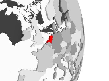 Hollanda kırmızı şeffaf okyanuslar ile gri siyasi dünya üzerinde vurgulanır. 3D çizim.