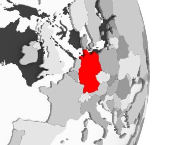 Almanya kırmızı şeffaf okyanuslar ile gri siyasi dünya üzerinde vurgulanır. 3D çizim.