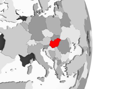 Macaristan kırmızı şeffaf okyanuslar ile gri siyasi dünya üzerinde vurgulanır. 3D çizim.