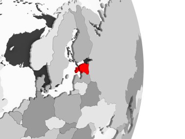 Estonya kırmızı şeffaf okyanuslar ile gri siyasi dünya üzerinde vurgulanır. 3D çizim.