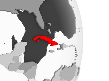 Küba kırmızı şeffaf okyanuslar ile gri siyasi dünya üzerinde vurgulanır. 3D çizim.