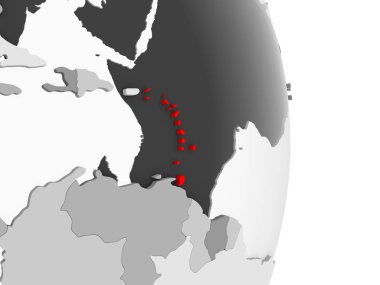Karayipler kırmızı şeffaf okyanuslar ile gri siyasi dünya üzerinde vurgulanır. 3D çizim.