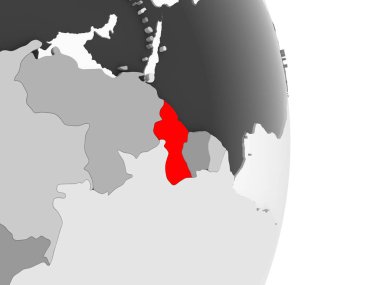 Guyana kırmızı şeffaf okyanuslar ile gri siyasi dünya üzerinde vurgulanır. 3D çizim.