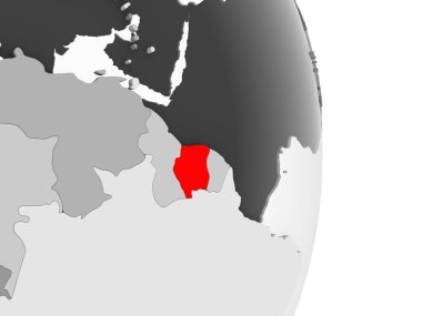 Surinam kırmızı şeffaf okyanuslar ile gri siyasi dünya üzerinde vurgulanır. 3D çizim.