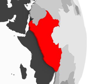 Peru kırmızı şeffaf okyanuslar ile gri siyasi dünya üzerinde vurgulanır. 3D çizim.