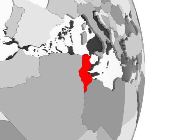 Tunus kırmızı şeffaf okyanuslar ile gri siyasi dünya üzerinde vurgulanır. 3D çizim.