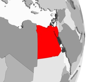 Mısır kırmızı şeffaf okyanuslar ile gri siyasi dünya üzerinde vurgulanır. 3D çizim.