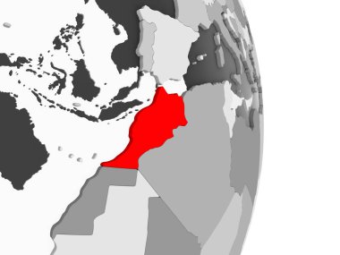 Fas kırmızı şeffaf okyanuslar ile gri siyasi dünya üzerinde vurgulanır. 3D çizim.