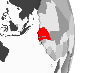 Senegal kırmızı şeffaf okyanuslar ile gri siyasi dünya üzerinde vurgulanır. 3D çizim.