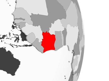 Fildişi Sahili ile şeffaf okyanuslar gri siyasi dünya üzerinde kırmızı vurgulanır. 3D çizim.