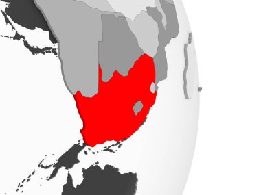 Güney Afrika kırmızı şeffaf okyanuslar ile gri siyasi dünya üzerinde vurgulanır. 3D çizim.