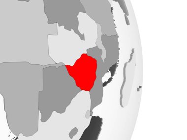 Zimbabve kırmızı şeffaf okyanuslar ile gri siyasi dünya üzerinde vurgulanır. 3D çizim.