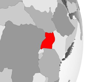 Uganda kırmızı şeffaf okyanuslar ile gri siyasi dünya üzerinde vurgulanır. 3D çizim.