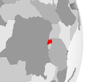 Ruanda kırmızı şeffaf okyanuslar ile gri siyasi dünya üzerinde vurgulanır. 3D çizim.