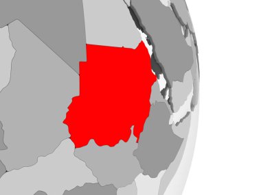 Sudan kırmızı şeffaf okyanuslar ile gri siyasi dünya üzerinde vurgulanır. 3D çizim.