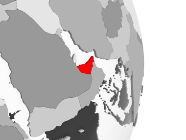 Birleşik Arap Emirlikleri kırmızı şeffaf okyanuslar ile gri siyasi dünya üzerinde vurgulanır. 3D çizim.