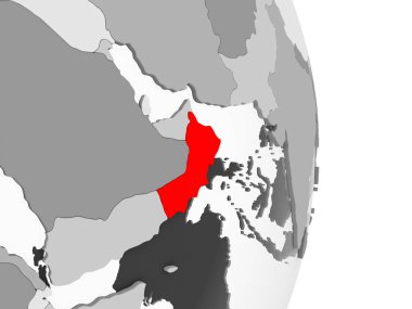 Umman kırmızı şeffaf okyanuslar ile gri siyasi dünya üzerinde vurgulanır. 3D çizim.