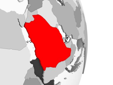 Suudi Arabistan kırmızı şeffaf okyanuslar ile gri siyasi dünya üzerinde vurgulanır. 3D çizim.