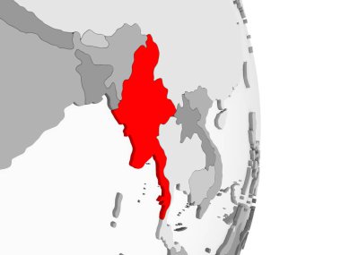 Myanmar kırmızı şeffaf okyanuslar ile gri siyasi dünya üzerinde vurgulanır. 3D çizim.