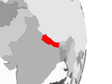 Nepal kırmızı şeffaf okyanuslar ile gri siyasi dünya üzerinde vurgulanır. 3D çizim.