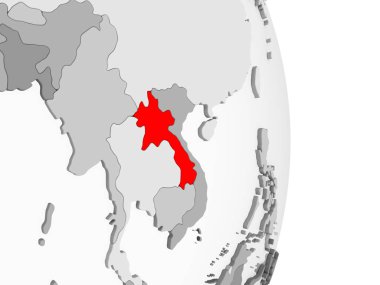 Laos kırmızı şeffaf okyanuslar ile gri siyasi dünya üzerinde vurgulanır. 3D çizim.