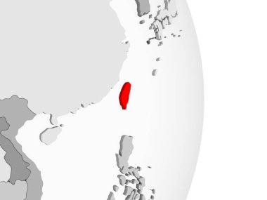 Tayvan kırmızı şeffaf okyanuslar ile gri siyasi dünya üzerinde vurgulanır. 3D çizim.