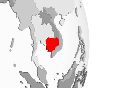 Kamboçya kırmızı şeffaf okyanuslar ile gri siyasi dünya üzerinde vurgulanır. 3D çizim.