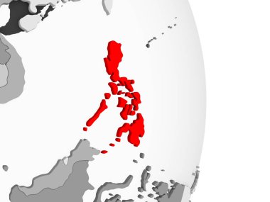 Filipinler kırmızı şeffaf okyanuslar ile gri siyasi dünya üzerinde vurgulanır. 3D çizim.