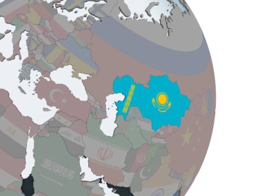 Kazakistan katıştırılmış bayrak ile siyasi dünya üzerinde. 3D çizim.