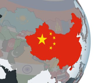 Çin katıştırılmış bayrak ile siyasi dünya üzerinde. 3D çizim.