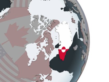 Grönland katıştırılmış bayrak ile siyasi dünya üzerinde. 3D çizim.