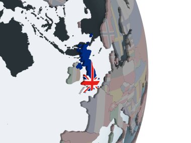 Katıştırılmış bayrak ile siyasi dünya üzerinde İngiltere. 3D çizim.