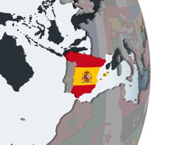 İspanya katıştırılmış bayrak ile siyasi dünya üzerinde. 3D çizim.