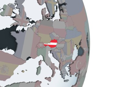 Avusturya katıştırılmış bayrak ile siyasi dünya üzerinde. 3D çizim.