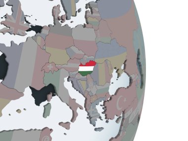 Macaristan katıştırılmış bayrak ile siyasi dünya üzerinde. 3D çizim.