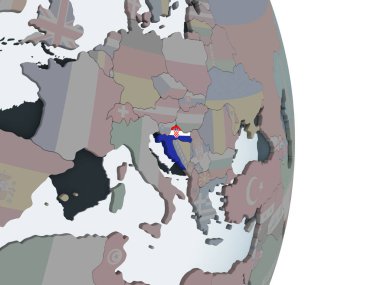 Hırvatistan katıştırılmış bayrak ile siyasi dünya üzerinde. 3D çizim.