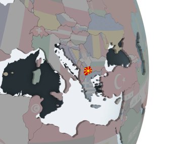 Makedonya katıştırılmış bayrak ile siyasi dünya üzerinde. 3D çizim.