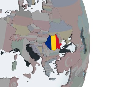 Romanya katıştırılmış bayrak ile siyasi dünya üzerinde. 3D çizim.