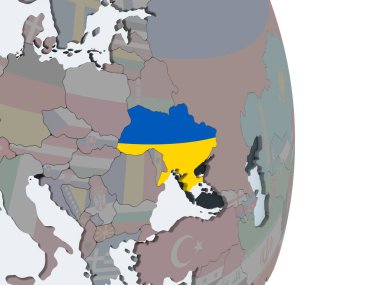 Ukrayna katıştırılmış bayrak ile siyasi dünya üzerinde. 3D çizim.