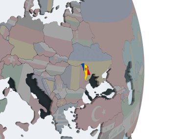 Moldova katıştırılmış bayrak ile siyasi dünya üzerinde. 3D çizim.
